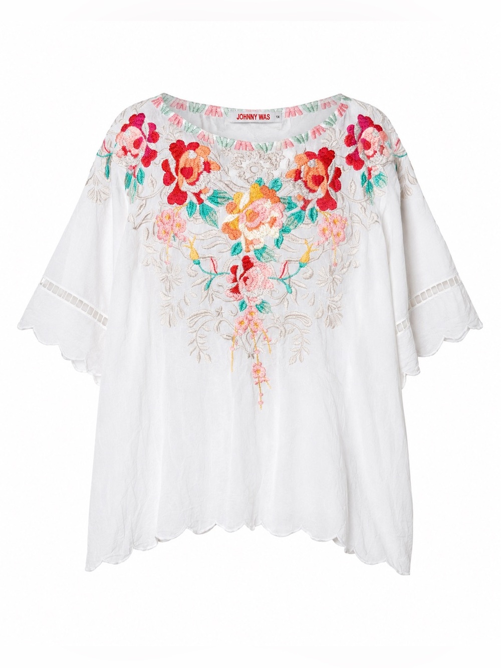 Johnny Was Boho Cottagecore Floral Embroidered Cupra Peasant Top 2XL